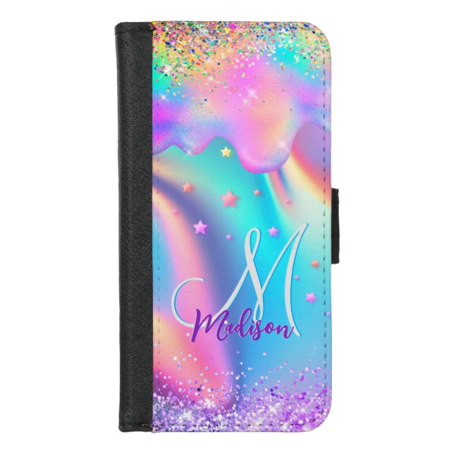 Chic holographic unicorn dripping glitter monogram iPhone wallet case (Front)