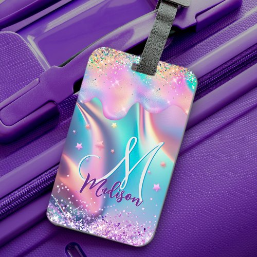 Chic holographic unicorn dripping glitter monogram luggage tag