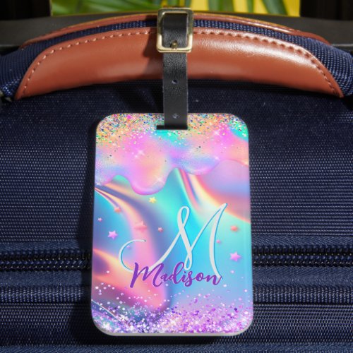 Chic holographic unicorn dripping glitter monogram luggage tag