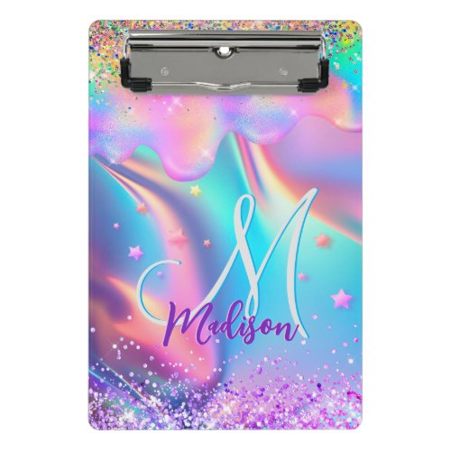Chic holographic unicorn dripping glitter monogram mini clipboard