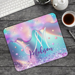 Chic holographic unicorn dripping glitter monogram mouse pad