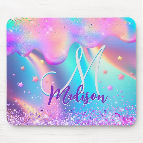 Chic holographic unicorn dripping glitter monogram mouse pad