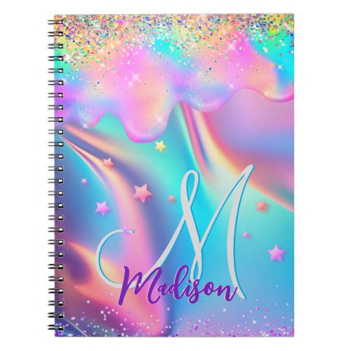 Chic holographic unicorn dripping glitter monogram notebook