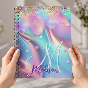 Chic holographic unicorn dripping glitter monogram notebook