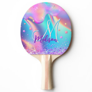 Chic holographic unicorn dripping glitter monogram ping pong paddle