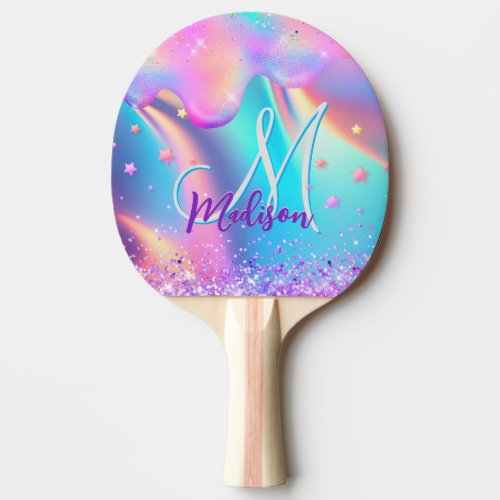 Chic holographic unicorn dripping glitter monogram ping pong paddle