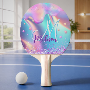 Chic holographic unicorn dripping glitter monogram ping pong paddle