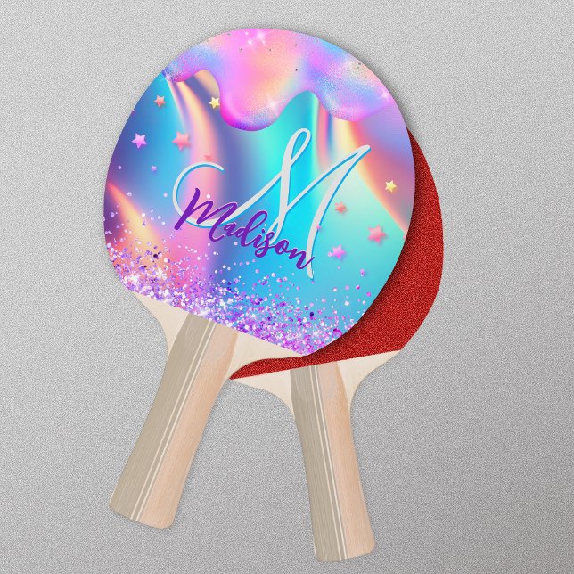 Chic holographic unicorn dripping glitter monogram ping pong paddle (Creator Uploaded)