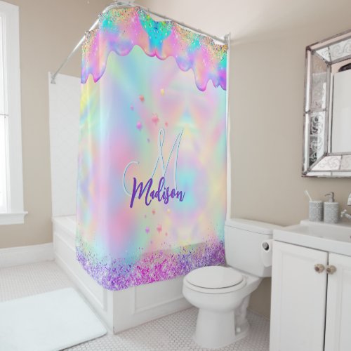 Chic holographic unicorn dripping glitter monogram shower curtain