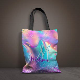 Chic holographic unicorn dripping glitter monogram tote bag
