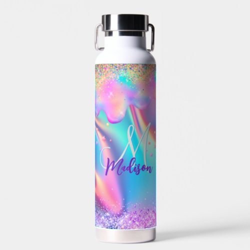 Chic holographic unicorn dripping glitter monogram water bottle