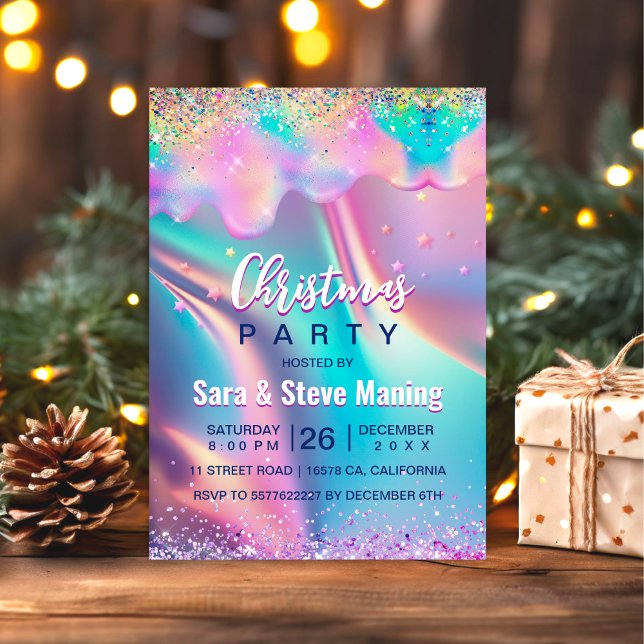 Chic holographic unicorn drips glitter Christmas  Invitation (Creator Uploaded)