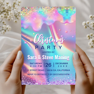 Chic holographic unicorn drips glitter Christmas Invitation