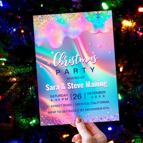 Chic holographic unicorn drips glitter Christmas  Invitation