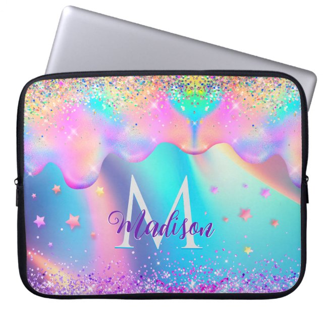 Chic holographic unicorn drips glitter monogram laptop sleeve (Front)