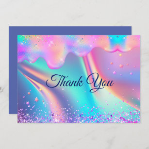 Chic holographic unicorn drips glitter thank you card