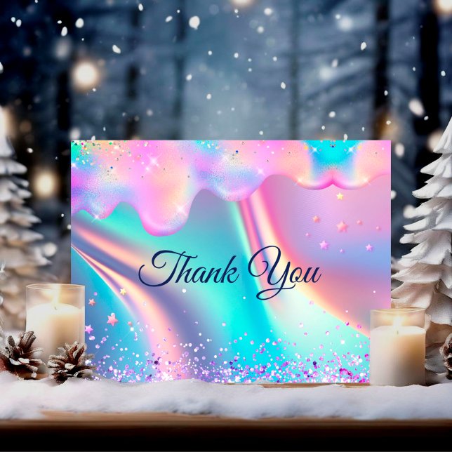 Chic holographic unicorn drips glitter thank you card (Creator Uploaded)