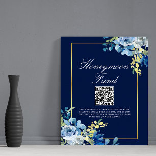 Chic Honeymoon Fund Navy Blue Gold Floral Wedding Poster