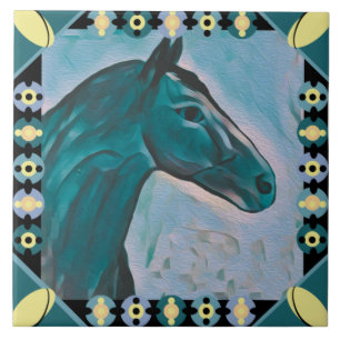 Chic Horse Head Turquoise Teal Blue Mix and Yellow Ceramic Tile