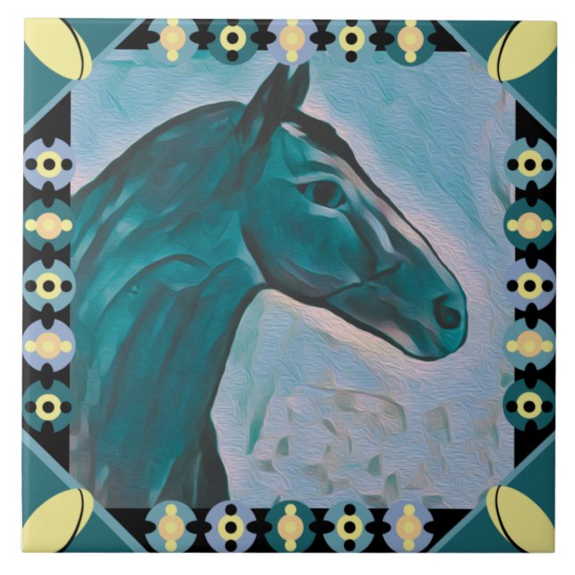 Chic Horse Head Turquoise Teal Blue Mix and Yellow Ceramic Tile (Front)