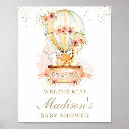 Chic Hot Air Balloon Baby Shower Animals Welcome Poster
