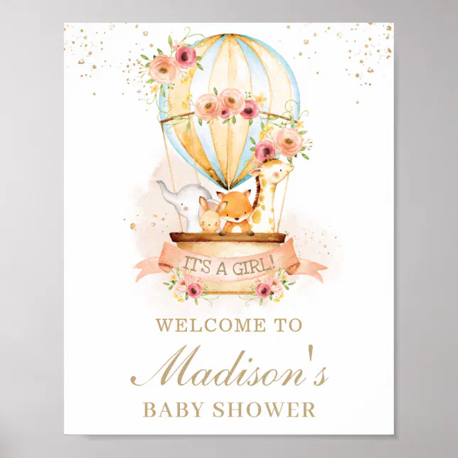 Chic Hot Air Balloon Baby Shower Animals Welcome Poster | Zazzle