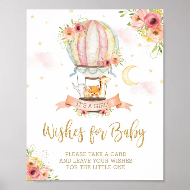 Chic Hot Air Balloon Cute Animals Wishes for Baby Poster | Zazzle