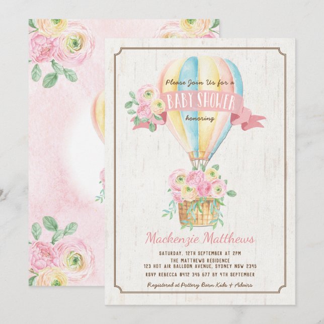 Chic Hot Air Balloon Pink Floral Girl Baby Shower Invitation (Front/Back)
