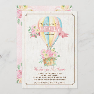 Chic Hot Air Balloon Pink Floral Girl Baby Shower Invitation