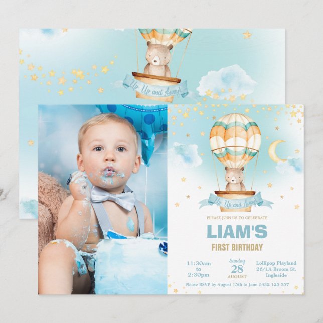 Chic Hot Air Balloon Teddy Bear Boy Birthday Photo Invitation (Front/Back)