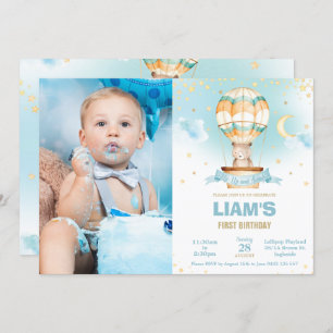 Chic Hot Air Balloon Teddy Bear Boy Birthday Photo Invitation