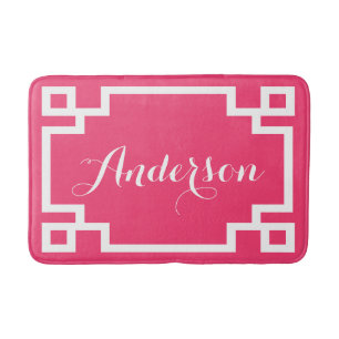 Chic Hot Pink and White Greek Key Custom Monogram Bathroom Mat