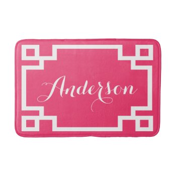 Chic Hot Pink And White Greek Key Custom Monogram Bathroom Mat by cardeddesigns at Zazzle