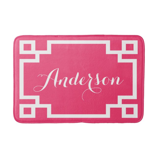 Chic Hot Pink and White Greek Key Custom Monogram Bathroom Mat (Front)