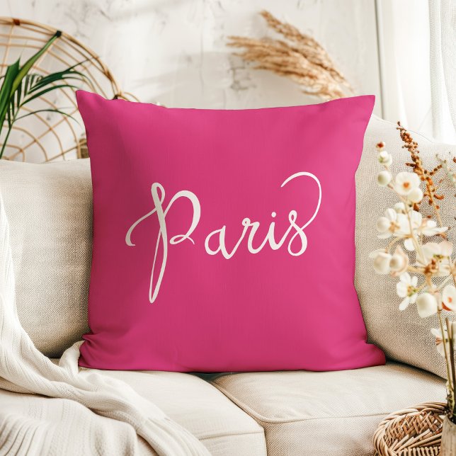 Chic Hot Pink and White Paris Typography Throw Pillow (Creator Uploaded)