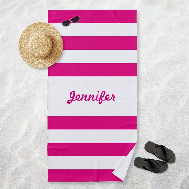 Chic Hot Pink and White Stripes Personalized Beach Towel (Chic Hot Pink and White Stripes Personalized Beach Towel)