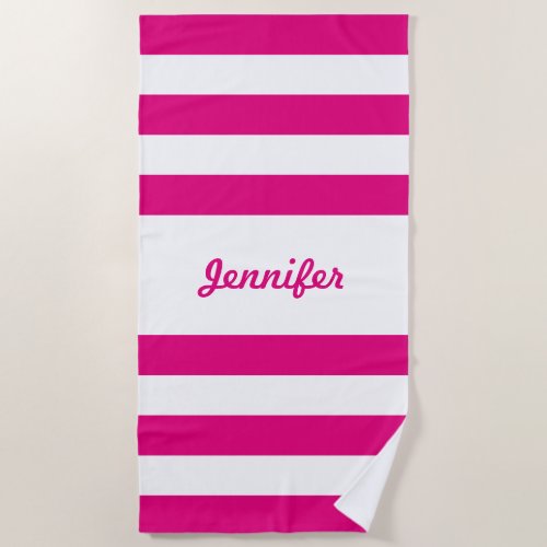 Chic Hot Pink and White Stripes Personalized Beach Towel