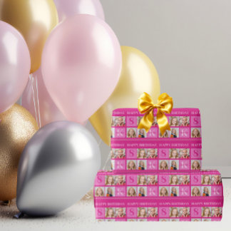 Chic Hot Pink Birthday Girl Custom Photo Collage Wrapping Paper