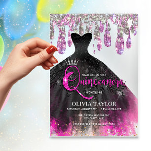 Chic hot pink black crystal drips Quinceanera Acrylic Invitations