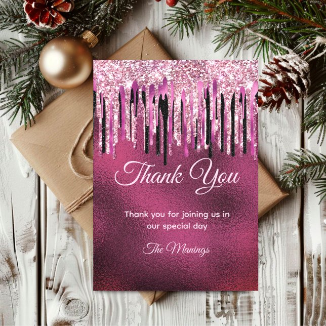 Chic hot pink black drippings glitter card (Creator Uploaded)