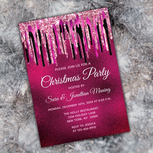 Chic hot pink black drippings glitter Christmas  Invitation