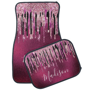 Chic hot pink black drippings glitter monogram car floor mat