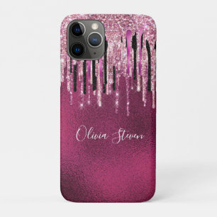 Chic hot pink black drippings glitter monogram iPhone 11 pro case