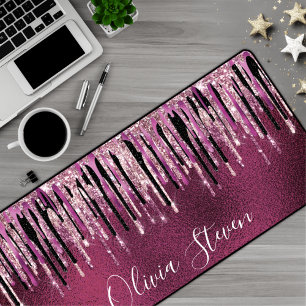 Chic hot pink black drippings glitter monogram desk mat