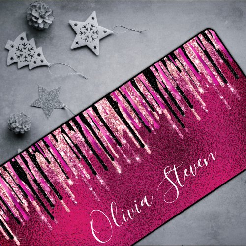 Chic hot pink black drippings glitter monogram desk mat