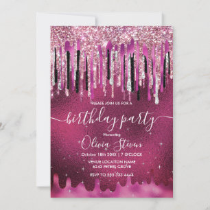 Chic hot pink black drippings glitter monogram invitation