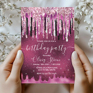 Chic hot pink black drippings glitter monogram invitation
