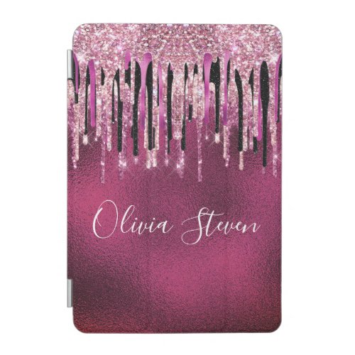 Chic hot pink black drippings glitter monogram iPad mini cover