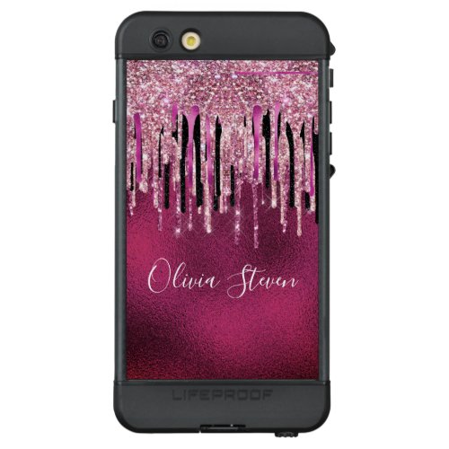 Chic hot pink black drippings glitter monogram LifeProof ND iPhone 6s plus case