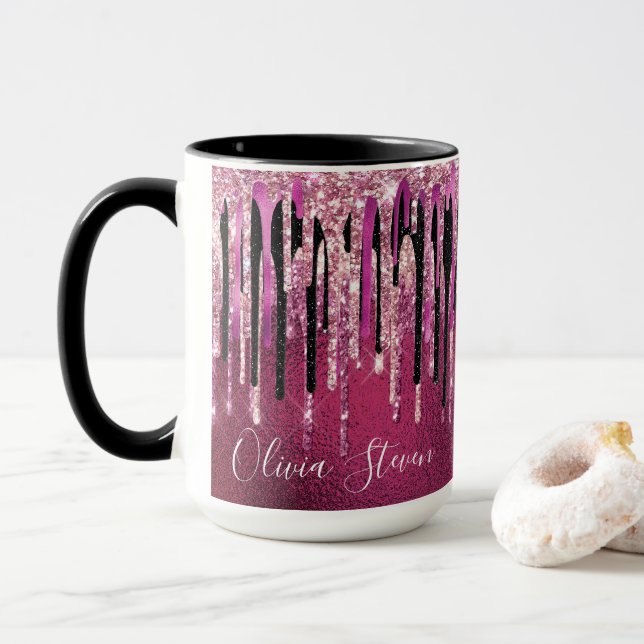 Chic hot pink black drippings glitter monogram mug (With Donut)